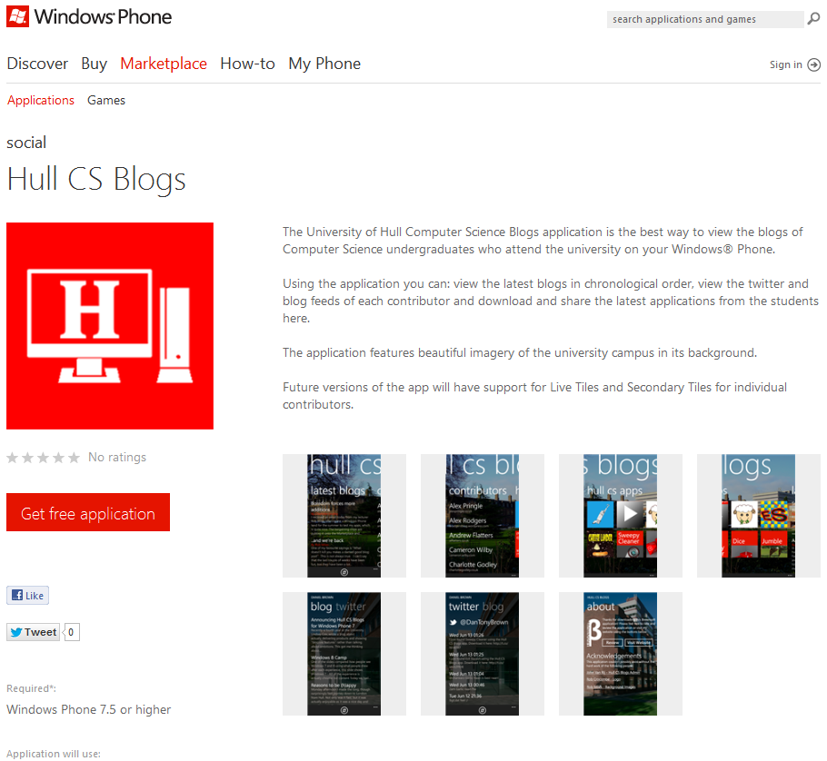 Hull CS Blogs on the Windows Phone Marketplace Web Store