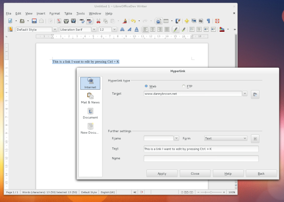 The LibreOffice Hyperlink Dialog in the Writer Application. Think of me when you invoke this using Ctrl + K!
